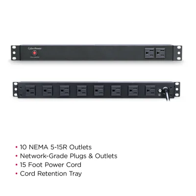 Cyber Power - PDU15B2F8R - 15A (Derated to 12A), 120 V, 50Hz/60Hz, NEMA 5-15P plug, 10 NEMA 5-15R, 1U Rackmount, 15 ft cord, Limited lifetime warranty