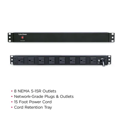 Cyber Power - PDU15B8R - 15A (Derated to 12A), 120 V, 50Hz/60Hz, NEMA 5-15P plug, 8 NEMA 5-15R, 1U Rackmount, 15 ft Cord, Limited lifetime warranty