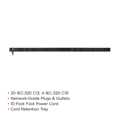 Cyber Power - PDU20BVHVT24F - 20A (Derated to 16A), 200 - 230 V, 50Hz/60Hz, NEMA L6-20P plug, 24 IEC-320, 0U Rackmount, 10 ft cord