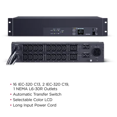 Cyber Power - PDU24007 - Metered ATS PDU, 30A (Derated to 24A), 200-240V, 2x L6-30P Plugs w/10 Ft Cords, 19 Outlets (16 x C13 + 2 x C19 + 1 x L6-30R), 2U Rackmount, 3 Year Warranty