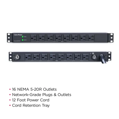 Cyber Power - PDU30BT8F8R - 30A (Derated to 24A), 120 V, 50Hz/60Hz, NEMA L5-30P plug, 16 NEMA 5-20R, 1U Rackmount, 12 ft cord