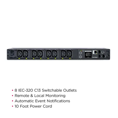 Cyber Power - PDU41004 - Switched Pdu, 15a (Derated To 12a), 100-240v, 50/60 Hz, 8 X Iec-320 C13 Outlets, Iec-320 C14 Plug, 10 Ft Cord, 1u Rackmount, Snmp, 3yr Warranty