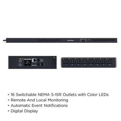 CYBERPOWER - PDU41116 - 15A (Derated to 12A), 120 V, 50Hz/60Hz, NEMA 5-15P plug, 16 NEMA 5-15R, 0U Rackmount, 10 ft cord, 3 year warranty