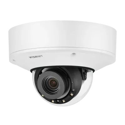 Hanwha - PNV-A9081RLP - 4K Low-Moderate Speed LPR Vandal Dome Camera with Wisenet Road AI. Max. 4K resolution, 4.5~10mm(2.2x) M-Varifocal(4K) lens, 0.05Lux@F1.6 (Color), 0Lux (B/W, IR LED on), Day & Night(ICR), WDR(120dB), H.265, H.264, MJPEG codec, 