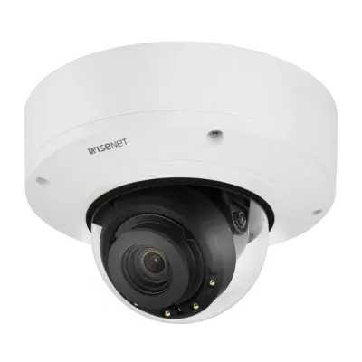 Hanwha - PNV-A9081RLP - 4K Low-Moderate Speed LPR Vandal Dome Camera with Wisenet Road AI. Max. 4K resolution, 4.5~10mm(2.2x) M-Varifocal(4K) lens, 0.05Lux@F1.6 (Color), 0Lux (B/W, IR LED on), Day & Night(ICR), WDR(120dB), H.265, H.264, MJPEG codec, 