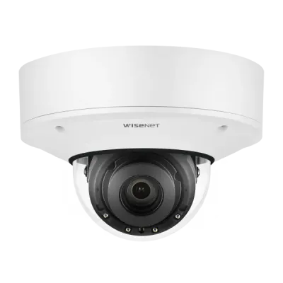 Hanwha - PNV-A9081RLP - 4K Low-Moderate Speed LPR Vandal Dome Camera with Wisenet Road AI. Max. 4K resolution, 4.5~10mm(2.2x) M-Varifocal(4K) lens, 0.05Lux@F1.6 (Color), 0Lux (B/W, IR LED on), Day & Night(ICR), WDR(120dB), H.265, H.264, MJPEG codec, 