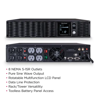 CYBERPOWER - PR1500RTXL2UTAA - 1500VA/1500W, Sine Wave, 2U, NEMA 5-15P, 10 Ft Cord, 8 NEMA 5-15R, USB, Serial, SNMP, Relay, EPO, PowerPanel Business software, Accepts EBM BP48VP2U02TAA, 3 Yr Warranty, TAA Compliant