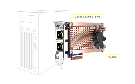 QNAP - QM2-2P2G2T - QM2 Series, 2 x PCIe 2280 M.2 SSD Slots, PCIe Gen3 x 4 , 2 x  Intel I225LM 2.5GbE NBASE-T port