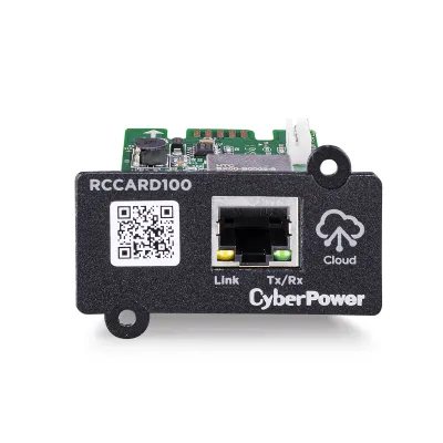 CYBERPOWER - RCCARD100 - Remotely monitor UPS with via a cloud connection with a mobile app or web-based app. Event notifications via email or application alerts and user upgradeable firmware. Connect with RJ 45 10/100 Ethernet port.