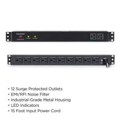CYBERPOWER - RKBS15S2F10R - 3600 J, 120 V, NEMA 5-15P plug, 12 NEMA 5-15R (2 front, 10 rear), 15 ft cord, Limited lifetime warranty