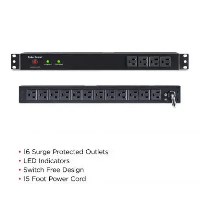 CYBERPOWER - RKBS15S4F12R - 3600 J, 120 V, NEMA 5-15P plug, 16 NEMA 5-15R (4 front, 12 rear), 15 ft cord, Limited lifetime warranty