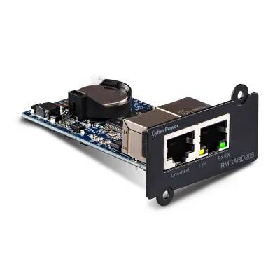 CYBERPOWER - RMCARD205TAA - Remotely manage, monitor and control UPS & ATS PDU with a web browser (HTTP/HTTPS) or NMS (SNMPv1/v3). Event notifications via email, SMMP traps, Syslog and user upgradeable firmware. Includes port for connecting Environme