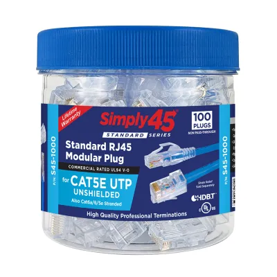 Simply 45 - S45-1000 - Standard Cat5e UTP RJ45 Modular Plugs, Blue Tint - 100pcs/Jar