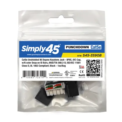 GoSimplyConnect - S45-3590B - Cat5e UTP 90° Black Keystone 110 Style, Dust Cover, IDC Cap, UL Listed - w/6-Color Snap-On ID Bars Included. 1ea/bag