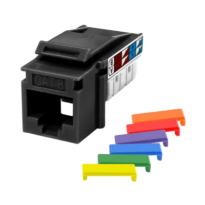 GoSimplyConnect - S45-3690B - Cat6 UTP 90° Black Keystone 110 Style, Dust Cover, IDC Cap, UL Listed, w/6-Color Snap-On ID Bars Included. 1ea/bag