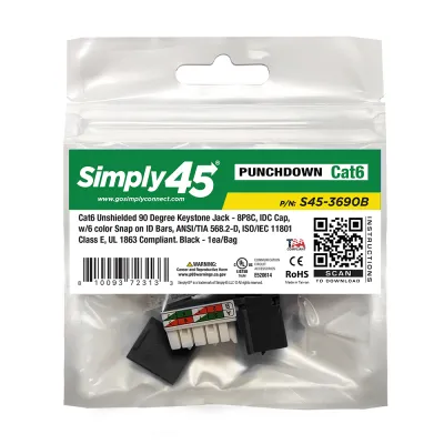 GoSimplyConnect - S45-3690B-25 - Cat6 UTP 90° Black Keystone 110 Style, Dust Cover, IDC Cap, UL Listed, w/6-Color Snap-On ID Bars Included. 1ea/Bag, 25/Pack