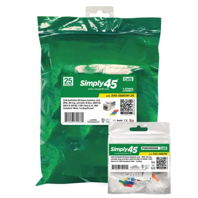 Simply 45 - S45-3690W-25 - Cat6 UTP 90° 10G Rated White Keystone 110 Style, Dust Cover, IDC Cap 1ea/bag 25/Pack