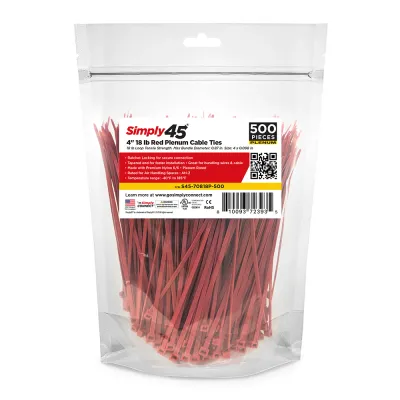 GoSimplyConnect - S45-70418P-500 - 4" 18lb UV Red Plenum Cable Ties - 500pc Bag