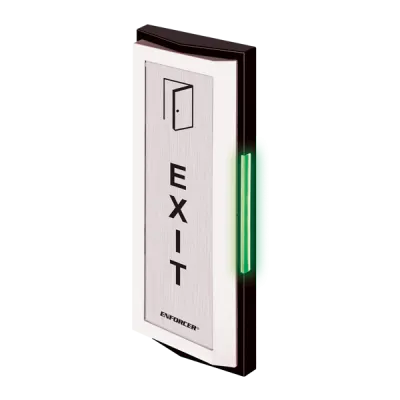 SECO-LARM - SD-7098-SKDQ - Surface-mount Elbow RTE Push Plate, LED indicator (Red-Standby, Green Triggered). Outputs 1A@30VDC. 12/24 VDC operation. Current draw 24mA@12VDC standby 45mA Active