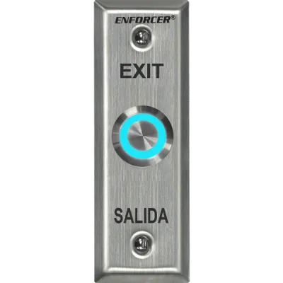 SECO-LARM - SD-7175SGEX1Q - Vandal-resistant, 1" diameter, illuminated, momentary pushbutton on slimline plate. Field-selectable LED color: red, green, blue, magenta, yellow, cyan, or white (12VDC). "EXIT" and "SALIDA" printed on plate.