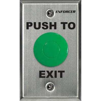 SECO-LARM - SD-7201GC-PEQ - 1½" Green mushroom-cap button. NO/NC contact, rated 5A@125VAC. Stainless-steel, single-gang plate. "PUSH TO EXIT" printed on plate. ETL Listed. Conforms to UL Std. 294