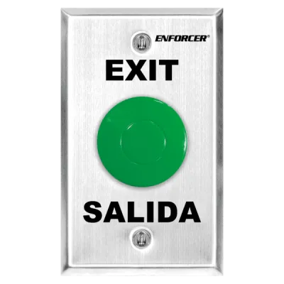 SECO-LARM - SD-7201GCPE1Q - 1½" Green Mushroom-cap Button. NO/NC Contact, Rated 5A@125VAC. Stainless-steel, single-gang plate. "EXIT" and "SALIDA" printed on plate. ETL Listed. Conforms to UL Std. 294