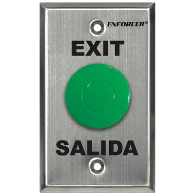 SECO-LARM - SD-7201GFPE1Q - 1½" Green mushroom-cap button. DPDT switch, two NO and two NC contacts, rated 5A@125VAC. Stainless-steel, single-gang plate. "EXIT" and "SALIDA" printed on plate. ETL Listed. Conforms to UL Std. 294