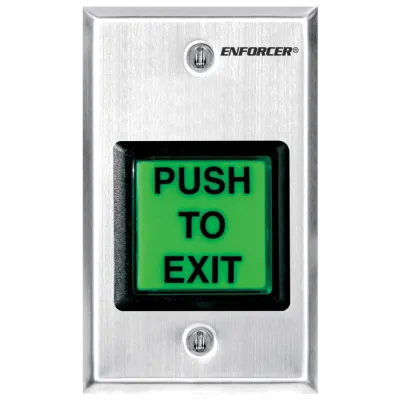 SECO-LARM - SD-7202GC-PEQ - Illuminated green 2" square "PUSH-TO-EXIT" button. Can replace with included "PRESIONE PARA SALIR" message. SPDT switch, 10A@125~250VAC. Stainless-steel single-gang plate. ETL Listed. Conforms to UL Std. 294