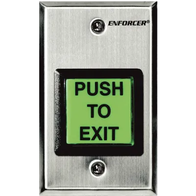 SECO-LARM - SD-7202GC-PTQ - Illuminated green 2" square momentary pushbutton. NO/NC Contact, rated 3A@24VDC. Built-in timer (1~180 sec). Stainless-steel single-gang plate. ETL Listed. Conforms to UL Std. 294