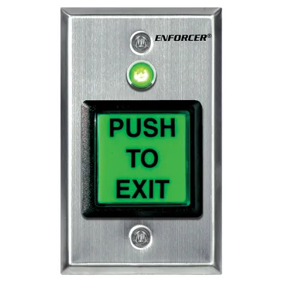 SECO-LARM - SD-7623-GSTQ - Illuminated green 2" square RTE plate with dual-color LED (red or green) and timer (1~180 sec). "PUSH TO EXIT" message can be replaced with included "PRESIONE PARA SALIR" message. NO/NC contact rated 5A@125VAC. 12~24 VDC. E