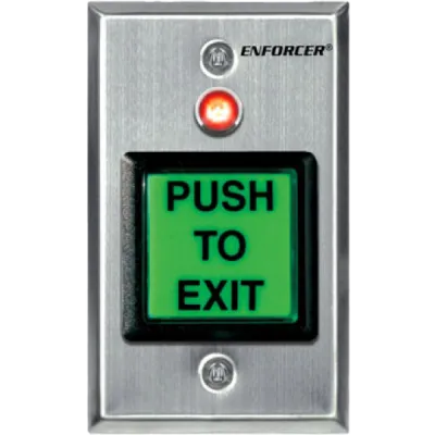 SECO-LARM - SD-7623-GSTQ - Illuminated green 2" square RTE plate with dual-color LED (red or green) and timer (1~180 sec). "PUSH TO EXIT" message can be replaced with included "PRESIONE PARA SALIR" message. NO/NC contact rated 5A@125VAC. 12~24 VDC. E