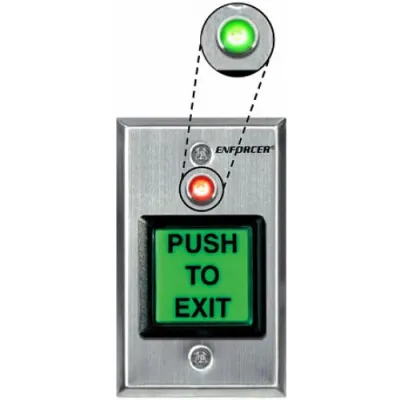 SECO-LARM - SD-7623-GSTQ - Illuminated green 2" square RTE plate with dual-color LED (red or green) and timer (1~180 sec). "PUSH TO EXIT" message can be replaced with included "PRESIONE PARA SALIR" message. NO/NC contact rated 5A@125VAC. 12~24 VDC. E