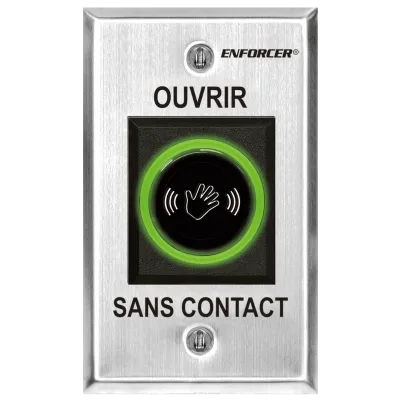 SECO-LARM - SD-927PKC-NFQ - IR No-Touch Request-To-Exit Sensor with French message. Green illuminated ring turns red and 3A relay is triggered when hand is passed in front of the plate. "SORTIE SANS CONTACT". ETL Listed. Conforms to UL Std. 294 print