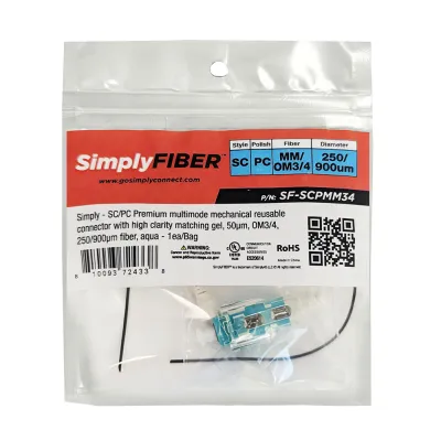 GoSimplyConnect - SF-SCPMM34-10 - SC/PC multimode mechanical connector with high clarity matching gel, 50µm, OM3/4, 250/900µm fiber, aqua - 10ea/Bag