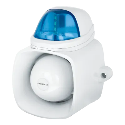 SECO-LARM - SH-816S-SQ/B - 9~15 VDC Xenon Tube Strobe Light with 120dB Warble-Tone siren. 75 flashes/minute. 25W speaker with audio input for broadcasting messages, built-in tamper output, IP65. Blue Lens.