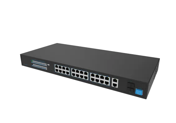 Hanwha - SKY-SW28g-001 - Switch SW28g (24 Port Gigabit PoE+ Switch with 2xUplink and 2xSFP, 802.3af (max 15.4W), 802.3at (max 30W), max power budget 370W, 10/100/1000 Mbps)