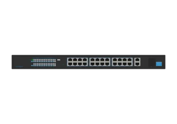 Hanwha - SKY-SW28g-001 - Switch SW28g (24 Port Gigabit PoE+ Switch with 2xUplink and 2xSFP, 802.3af (max 15.4W), 802.3at (max 30W), max power budget 370W, 10/100/1000 Mbps)