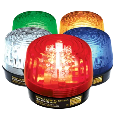 SECO-LARM - SL-1301-BAQ/R - 9~24 VAC/VDC LED Strobe Light. Incorporates 32 LEDs. 50,000-Hour operating life. 8 different flash patterns. Adjustable flashing speed. Indoor/outdoor use. Red lens.