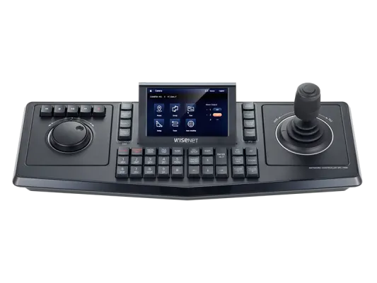 Hanwha - SPC-7000 - Controller, IP system keyboard with touch screen TFT LCD, Interchangeable 3D joystick & jog shuttle for left or right handed users, RS-485, DVR/NVR, Matrix & PTZ control, 1CH video input/output, SSM using USB interface only.