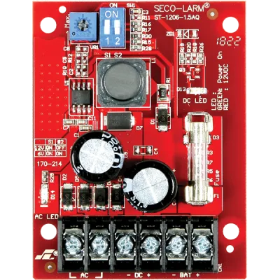 SECO-LARM - ST-1206-1.5AQ - Power Supply Charger. Provides 6 or 12 VDC regulated output at 1.5A continuous and 2A peak.