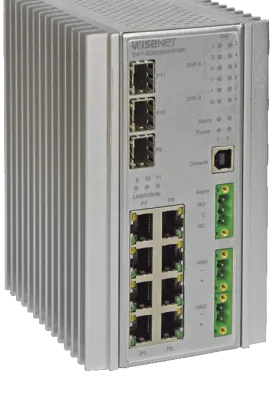 Hanwha - SWT-G11MGHP - Hardened 11 Port - 2 x 100/1000/2500FX + 1 x 100/1000FX SFP Ports and 8 x 10/100/1000TX Ports Managed Switch, four 1000Mbps TX with 30W PoE, four 1000Mbps TX Combo Ports with 60W PoE, Hardened 48VDC 480Watt (10A) DIN Rail High 