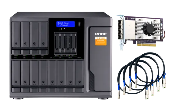 QNAP - TL-D1600S-US - 16-bay desktop SATA JBOD expansion unit with a QXP-1600eS PCIe SATA host card and 4 SFF-8088 to SFF-8644 SAS/SATA 6Gb/s external cables
