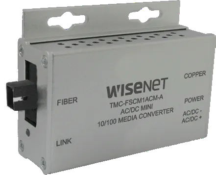 Hanwha - TMC-FSTS1ACM-A - Hardened mini media fiber converter (A),100mbps, ST connector, single-mode, 1 fiber, power supply included (not hardened), TMC-FSTS1-B required to work as a pair