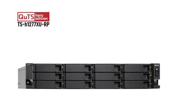QNAP - TS-h1277XU-RP-3700X-128G-US - QNAP 2U 12-Bay QTS hero NAS, AMD Ryzen 7 3700X 8-core/16-thread 3.4 GHz processor, 128GB DDR4 RAM (max 128GB RAM), 12x 2.5"/3.5" SATA HDD/SSD, 2xGbE LAN, 2 x 10GbE SFP+, 2 x 10GBase-T, USB. 3.1/3.0