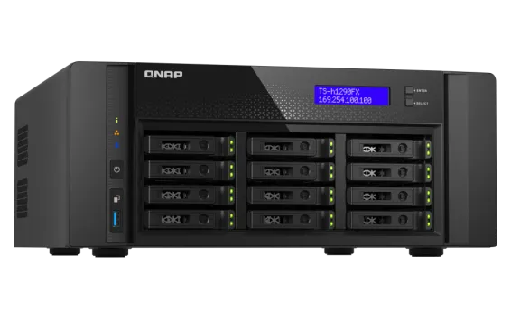QNAP - TS-h1290FX-7232P-64G-US - QNAP 12-Bay all-flash desktop NAS, AMD EPYC 7232P (up to 3.2GHz), 12 x 2.5" U.2 NVMe/SATA SSD bays, 64GB ECC RAM, 2 x 2.5GbE, 2 x 25GbE SFP28, PCIe Gen4 Expansion Slots