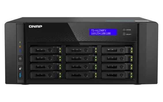 QNAP - TS-h1290FX-7302P-128G-US - QNAP 12-Bay all-flash desktop NAS, AMD EPYC 7302P (up to 3.2GHz), 12 x 2.5" U.2 NVMe/SATA SSD bays, 128GB ECC RAM, 2 x 2.5GbE, 2 x 25GbE SFP28, PCIe Gen4 Expansion Slots
