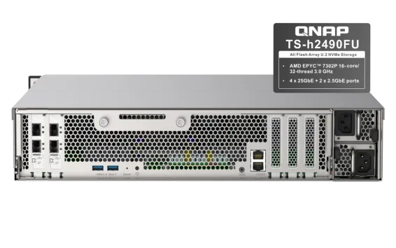 QNAP - TS-h2490FU-7302P-256G-US - QNAP 24-Bay all-flash NAS, NVMe Gen3 x4, AMD EPYC 7302P 3.0GHz, 256GB RDIMM ECCC DDR4 RAM, 2 x 2.5GbE LAN, 4 x 25GbE SFP28, iSCSI, RAID 0,1, 5, 6, 10, 5+spare, 6+spare, 10+spare, global hot spare,  PCIe expansion slot x5 