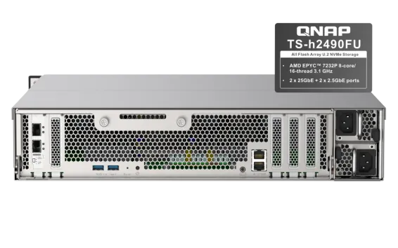 QNAP - TS-h2490FU-7302P-256G-US - QNAP 24-Bay all-flash NAS, NVMe Gen3 x4, AMD EPYC 7302P 3.0GHz, 256GB RDIMM ECCC DDR4 RAM, 2 x 2.5GbE LAN, 4 x 25GbE SFP28, iSCSI, RAID 0,1, 5, 6, 10, 5+spare, 6+spare, 10+spare, global hot spare,  PCIe expansion slot x5 
