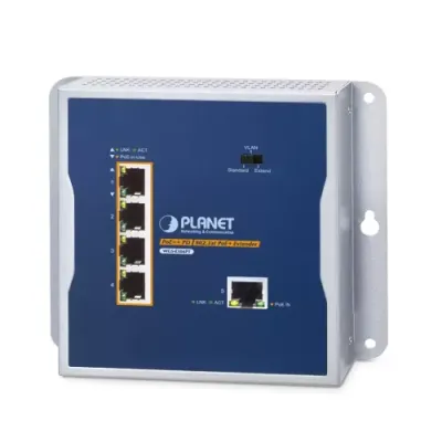 Planet - WGS-E304PT - IP30 Industrial 1-Port 95W 802.3bt PoE++ to 4-Port 802.3at PoE+ Wall-mounted Extender (-40 to 75 C, Standard/VLAN/Extend mode, fanless desing, wall mounting, magnetic wall mounting or DIN-rail mounting)