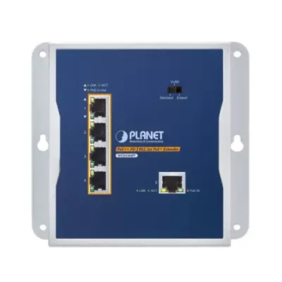 Planet - WGS-E304PT - IP30 Industrial 1-Port 95W 802.3bt PoE++ to 4-Port 802.3at PoE+ Wall-mounted Extender (-40 to 75 C, Standard/VLAN/Extend mode, fanless desing, wall mounting, magnetic wall mounting or DIN-rail mounting)